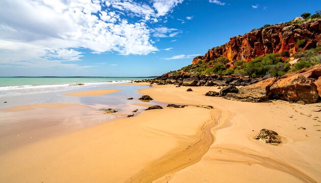 Panoramic view of a beach with golden sand, gentle waves, and rocky cliffs under a bright blue sky with fluffy clouds