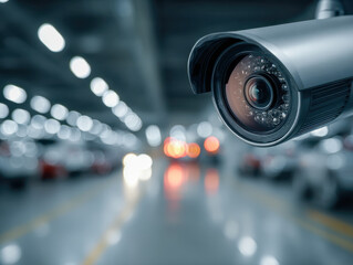 Surveillance camera monitoring a modern indoor parking garage with blurred lights and vehicles in the background for security and safety purposes