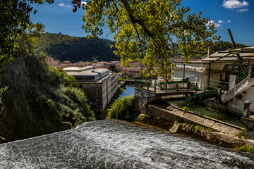 Isola del Liri, Frosinone, Lazio, Italy - The village, with its impressive waterfall in the historic center of the city. The river flows past the Boncompagni-Viscogliosi Castle, forming an island.