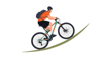 Fototapeta premium Man riding a mountain bike uphill on a grassy slope, adventure and outdoor activity