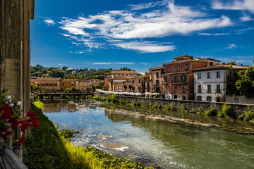 Isola del Liri, Frosinone, Lazio, Italy - The village, with its impressive waterfall in the historic center of the city. The river flows past the Boncompagni-Viscogliosi Castle, forming an island.