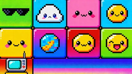 Fototapeta premium Kawaii Pixel Emoji Blocks Vibrant Rainbow Background 