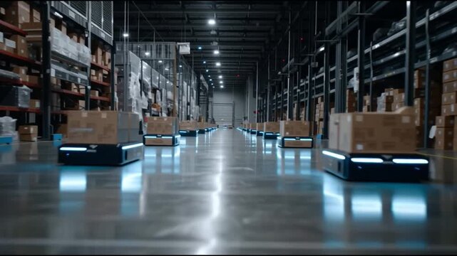 Supply chain resilience tech. Logistics automation forecasting management. Transportation. Cybersecurity. Blockchain. Automated robots transporting boxes in a warehouse setting.
