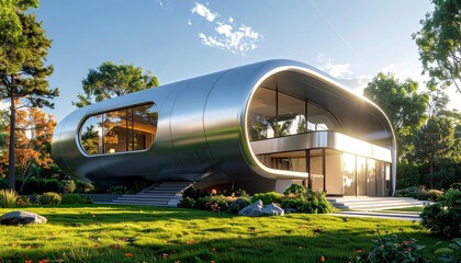 Modern Futuristic Home in Sunny Landscape.