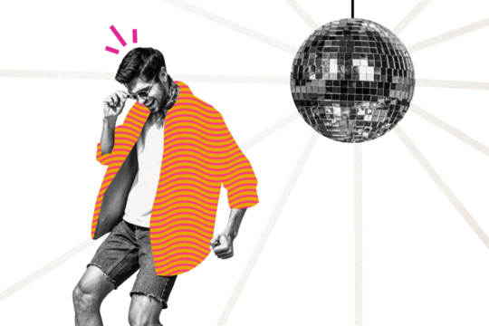 Composite photo collage of happy stylish guy dance shiny disco ball club occasion weekend party discotheque isolated on painted background