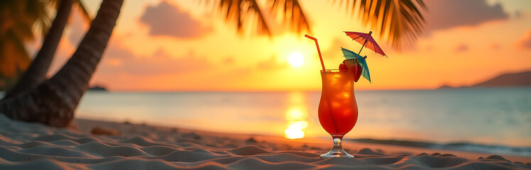 serene island getaway golden sandy beach sunset colorful tropical cocktail garnished umbrellas fruit foreground