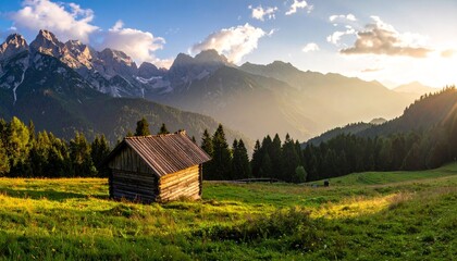 Mountain cabin in sunny alpine landscape.