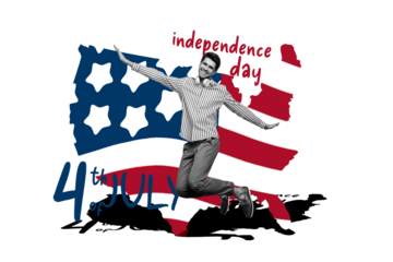 Creative abstract template collage of funny man flying celebrating 4th july usa independence day fantasy billboard comics zine minimal