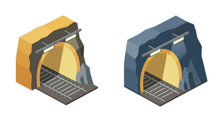Isometric railway tunnels with bright arches and track details in two shades
