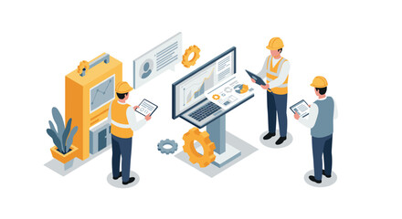 Construction team analyzing data with digital devices in isometric workplace setting