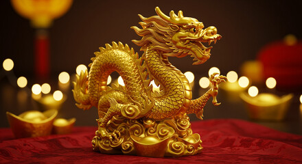Golden dragon statue symbolizing prosperity on red fabric with festive lighting, cultural wealth representation