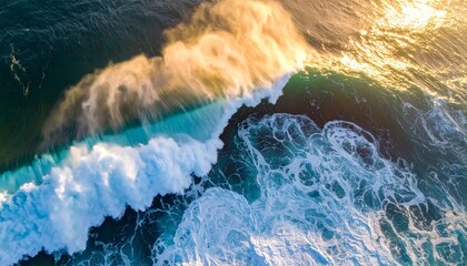 Ocean wave breaking with golden light.