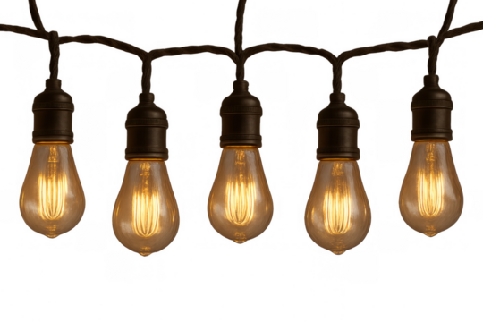 Vintage edison style string lights illuminating with warm glow, creating a festive atmosphere on transparent background