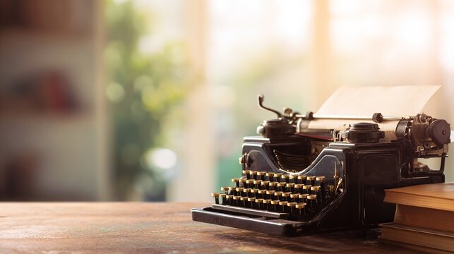shorthand. Vintage typewriter with an open manual on a wooden desk in soft natural light. product launch decks, UI/UX mockups, designed for data visualization dashboards and holographic UIs.