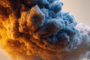 Dynamic swirling orange and blue smoke clouds merging in a dramatic display of contrasting colors and textures creating a powerful visual impact in motion