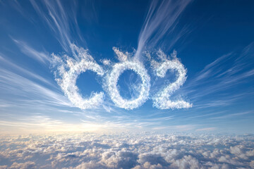 Atmospheric illustration showing carbon dioxide formed from clouds floating in a vibrant blue sky above a sea of soft, billowy white clouds during sunrise