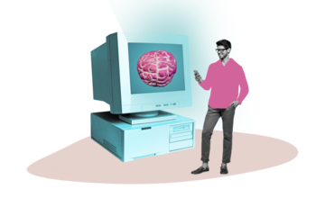 Composite photo collage of happy man hold phone brain organ computer monitor gpt chat helper app innovation isolated on painted background