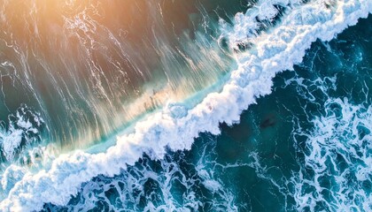 Ocean waves aerial view with sunset light.