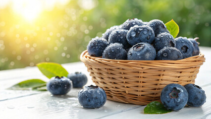 Blueberries in wicker basket with water drop on white surface in natural warm sunlight background