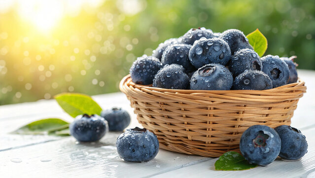 Blueberries in wicker basket with water drop on white surface in natural warm sunlight background - Powered by Adobe