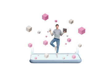 Creative image collage young man stand one leg balance laptop freelancer alarm clock deadline time management virtual reality