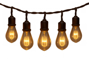 String light garland with glowing edison bulbs illuminating a warm festive atmosphere, transparent background