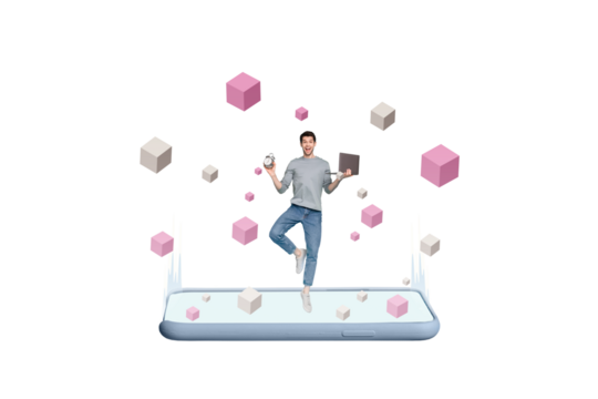 Creative image collage young man stand one leg balance laptop freelancer alarm clock deadline time management virtual reality