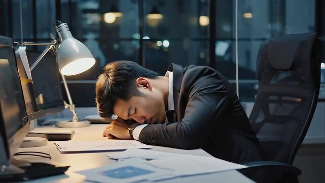 Asian businessman rests head on desk in office, showcasing fatigue and stress, with documents and screens in view, camera zooms in on scene