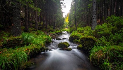River flowing through lush forest landscape.