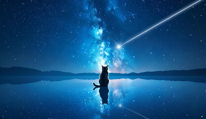 Cat Watching a Shooting Star Over a Still Lake &ndash; Night Sky Landscape