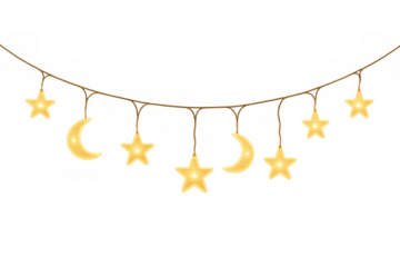 Glowing string lights with star and crescent moon shapes for ramadan, eid al-fitr, or islamic holiday decoration