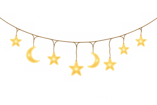 Glowing string lights with star and crescent moon shapes for ramadan, eid al-fitr, or islamic holiday decoration