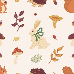 Cute seamless vector pattern with bunny, squirrel, hedgehog and autumn elements like mushrooms and leaves. Autumn nature and forest animals. Fall woodland hand-drawn background for kids' textile.