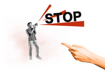 Composite 3D collage trend artwork template design of young man hold loudspeaker say stop opinion vote leader banner strike revolution