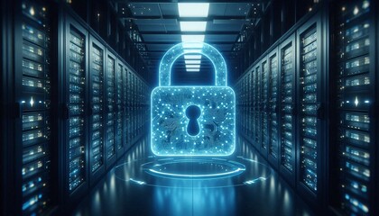 Secure your data with this advanced digital lock symbolizing cybersecurity and network protection in a modern server room.