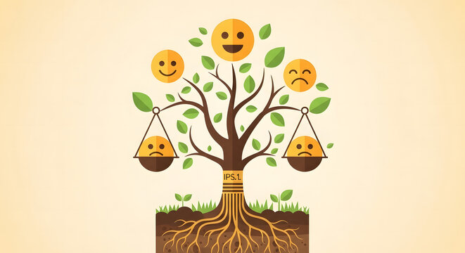 Vector illustration of a tree with emoticon faces, balancing happiness and sadness on scales to represent mental health and emotional well--being