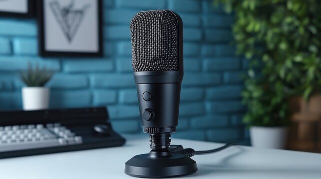 A black microphone on a stand sits on a white desk with a keyboard and plant. Background is blue wall - Powered by Adobe