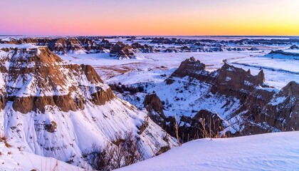 Panoramic view of a winter landscape with snow-covered rugged hills under a vibrant, colorful sunrise sky