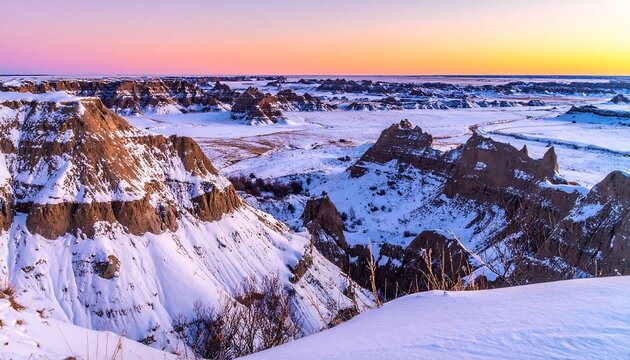 Panoramic view of a winter landscape with snow-covered rugged hills under a vibrant, colorful sunrise sky