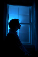 Solitude in Blue Light: Silhouette of a person stands next to a window, illuminated by a calming blue light, embodying introspection and quiet contemplation.