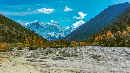 Majestic Himalayan foothills and colorful larch trees highlight Huanglong National Park, China, where snow, forests, and blue skies merge in serene mountain beauty and tranquility.