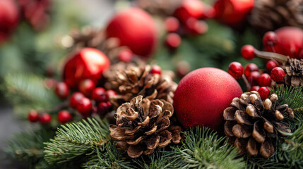 Festive holiday arrangement with pinecones, red ornaments, and green evergreen branches creating a seasonal and warm decorative display for Christmas celebrations