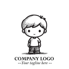 Black and White Chibi Boy Illustration with Jacket and Boots in Bold Thick Line Art Minimal Style