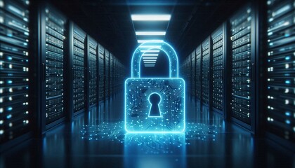 Secure digital padlock glowing in futuristic server room, symbolizing data protection and cybersecurity innovation