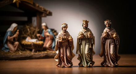 Nativity scene with three kings figures in softlighting background  