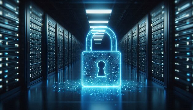Secure digital padlock glowing in futuristic server room, symbolizing data protection and cybersecurity innovation