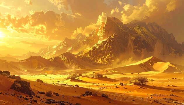 A majestic landscape of mountains and desert bathed in golden sunlight. The warm hues create a sense of peace and tranquility - Powered by Adobe