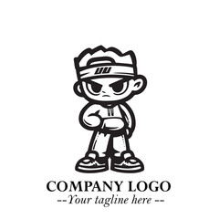 Black and White Chibi Boy Illustration with Jacket and Boots in Bold Thick Line Art Minimal Style