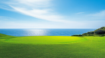 Beautiful green grass lawn with a blue sky and sea background
