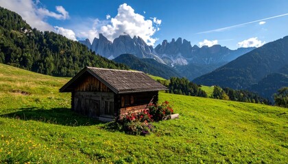 Rustic cabin in mountain landscape.
